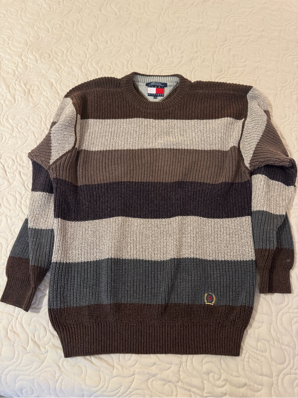 Vintage 90s Tommy Hilfiger Chunky Striped Earth-Tone Grandpa Sweater Size L
